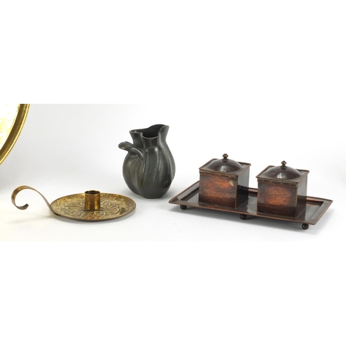 505 - Metalware including a large WMF brass tray, Iona chamber stick, Just pewter jug and Orivit twin hand... 