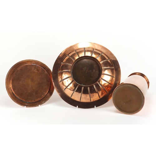 504 - Metalware comprising a Keswick School of Industrial Arts footed dish, Birmingham Guild plate and a D... 