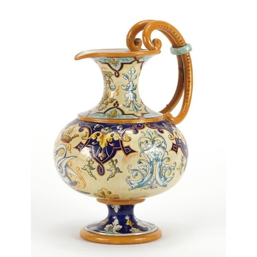 425 - Italian Maiolica ewer hand painted with a swan, fish and stylised foliage, inscribed Blois E Balon M... 