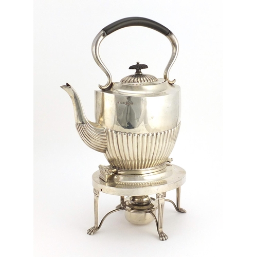 516 - Silver demi fluted teapot on stand with burner, by Pinder Brothers, Sheffield 1920, 37cm high, appro... 