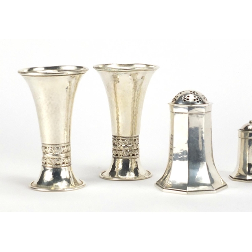 579 - Silver plate including a pair of Arts & Crafts vases in the style of A E Jones, 13cm high