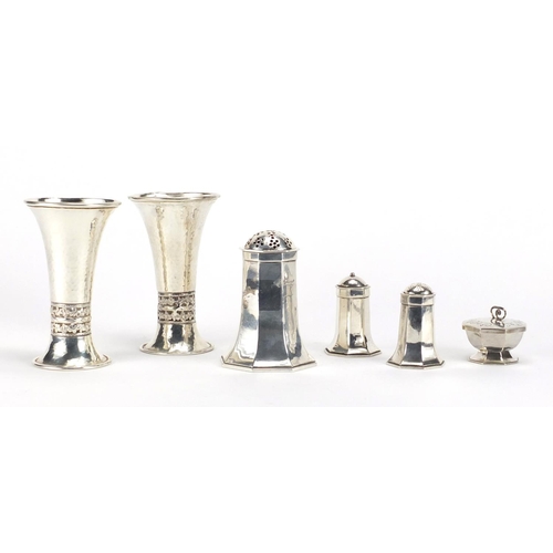 579 - Silver plate including a pair of Arts & Crafts vases in the style of A E Jones, 13cm high