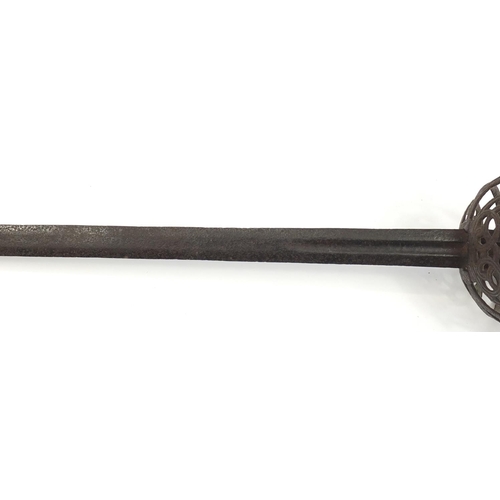 161 - 17th century Mortuary sword, the handle and basket with silver foliate inlay, 98cm in length