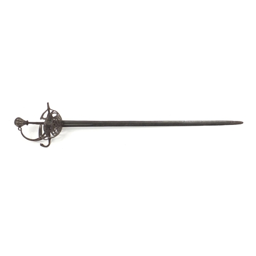 161 - 17th century Mortuary sword, the handle and basket with silver foliate inlay, 98cm in length