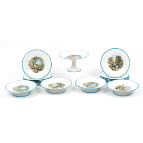 411 - Victorian Ashworth dessert service comprising five comports and twelve plates, each transfer printed... 