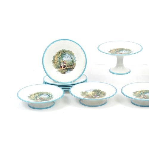 411 - Victorian Ashworth dessert service comprising five comports and twelve plates, each transfer printed... 
