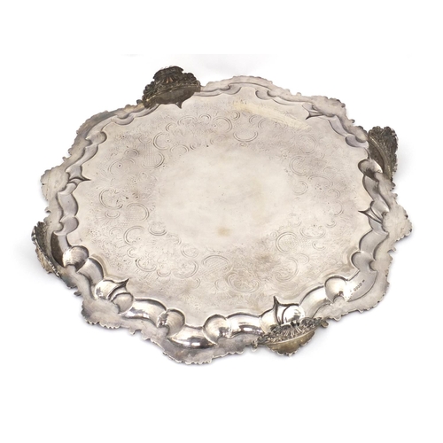 512 - Large circular Georgian silver tray, chased and moulded with acanthus leaves, engraved The gift of T... 