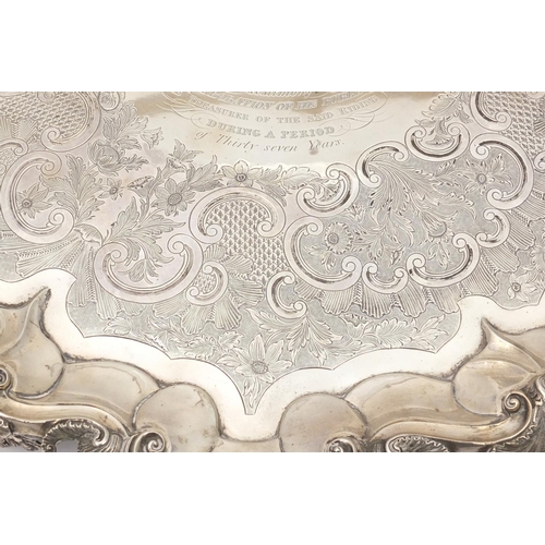 512 - Large circular Georgian silver tray, chased and moulded with acanthus leaves, engraved The gift of T... 