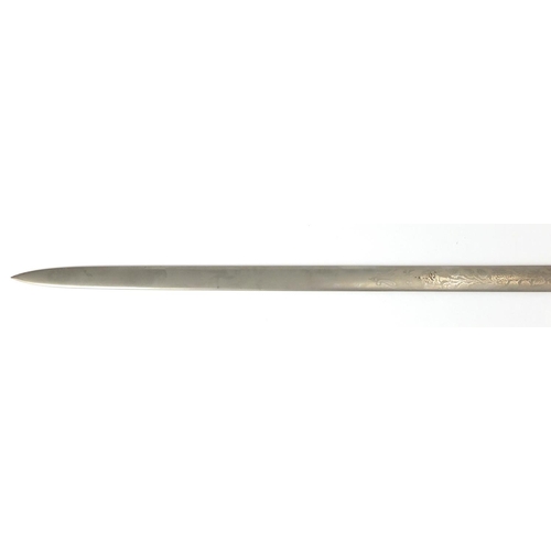 165 - Wilkinson Sword with ornate steel blade, 90.5cm in length