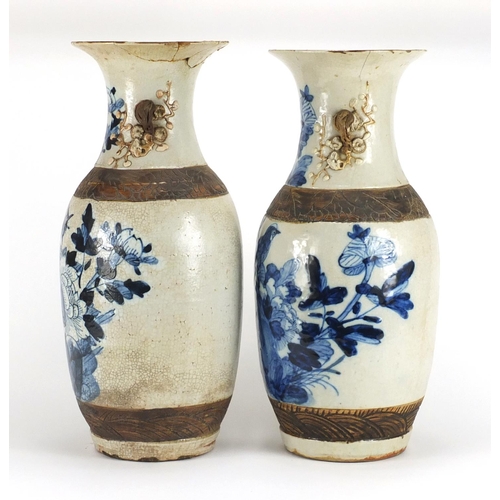 243 - Pair of Chinese blue and white crackle glazed baluster vases with twin handles, hand painted with bi... 