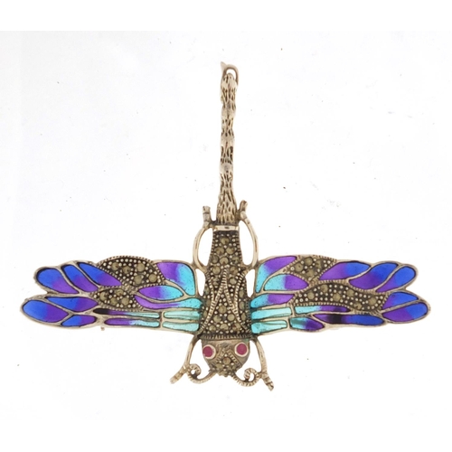 511 - 925 silver and Plique-à-jour enamel dragonfly brooch, within ruby eyes, 8cm in length, approximate w... 
