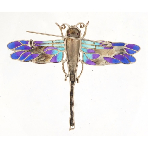 511 - 925 silver and Plique-à-jour enamel dragonfly brooch, within ruby eyes, 8cm in length, approximate w... 