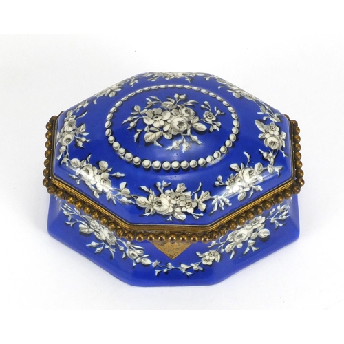 403 - Antique porcelain Tahan box with gilt metal mounts, hand painted with flowers and foliage, the mount... 