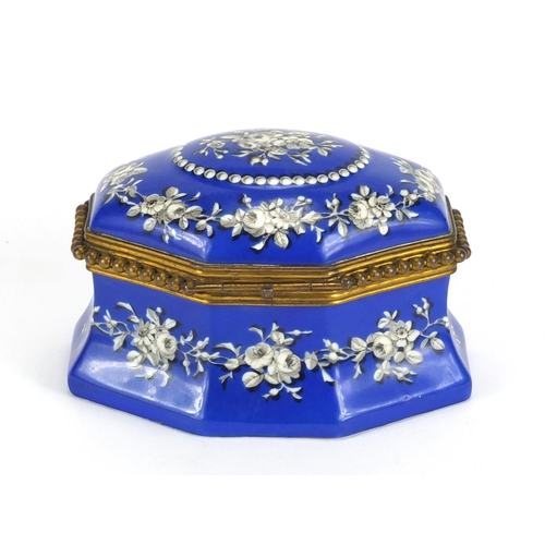 403 - Antique porcelain Tahan box with gilt metal mounts, hand painted with flowers and foliage, the mount... 