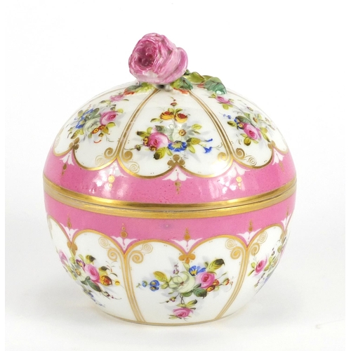 405 - French porcelain bomboniere in the style of Sèvres, hand painted with flowers, 13cm hgih