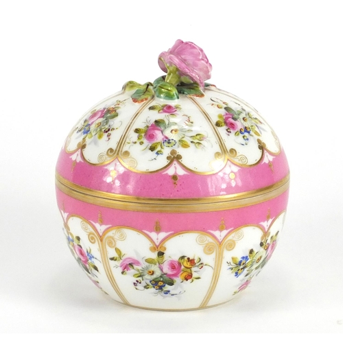 405 - French porcelain bomboniere in the style of Sèvres, hand painted with flowers, 13cm hgih