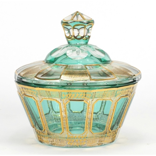 438 - Moser emerald glass bomboniere and cover, with gilt decoration, 18cm high