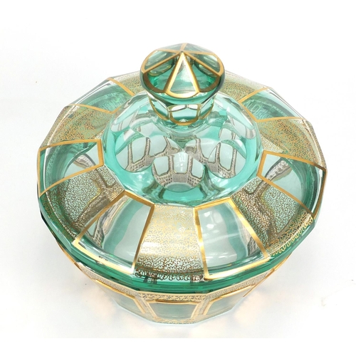 438 - Moser emerald glass bomboniere and cover, with gilt decoration, 18cm high