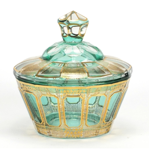 438 - Moser emerald glass bomboniere and cover, with gilt decoration, 18cm high