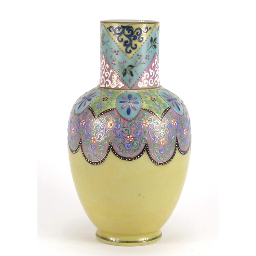 436 - Thomas Webb opaline glass vase, hand painted in the Moroccan pattern, 25cm high