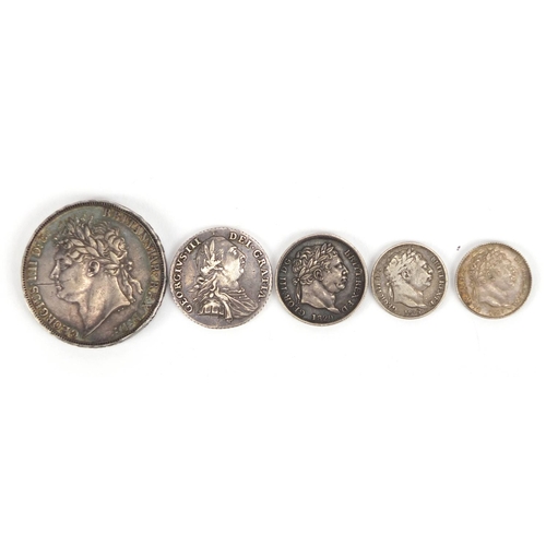 122 - George III silver coinage comprising a 1787 shilling, 1820 shilling, 1816 and 1817 six pences and Ge... 