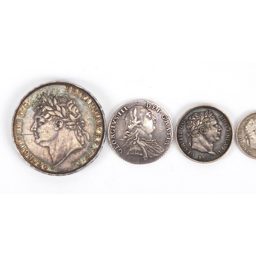 122 - George III silver coinage comprising a 1787 shilling, 1820 shilling, 1816 and 1817 six pences and Ge... 