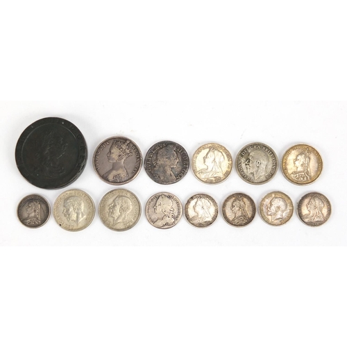 124 - William III and later British coinage mostly silver including 1698 shilling, cartwheel two pence and... 