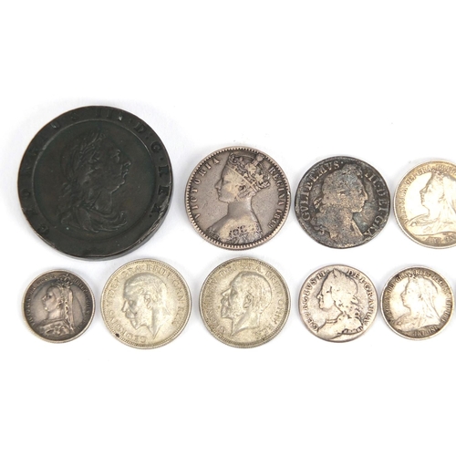 124 - William III and later British coinage mostly silver including 1698 shilling, cartwheel two pence and... 