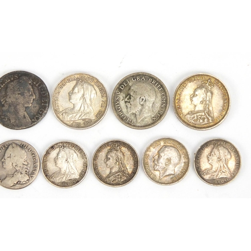 124 - William III and later British coinage mostly silver including 1698 shilling, cartwheel two pence and... 