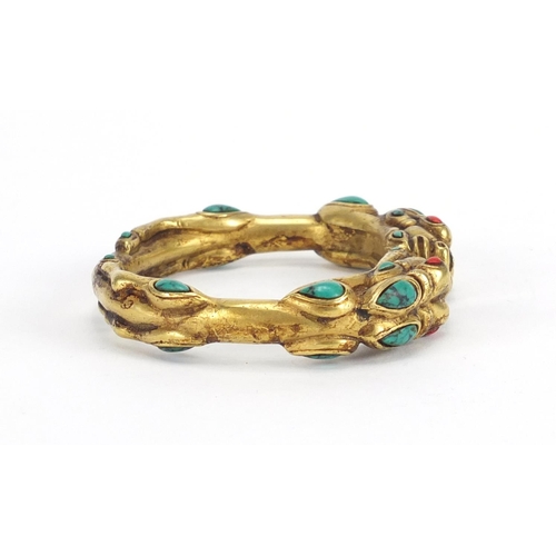 358 - Tibetan gilt metal dragon bangle set with turquoise and coral, 8cm wide