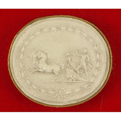 45 - Two sets of nine Italian grand tour plaster cameo's, the largest 6.5cm x 6cm