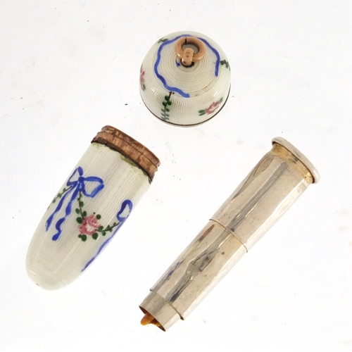 39 - Silver and guilloche enamel acorn cheroot case, housing a telescopic cheroot, 3.7cm in length, appro... 