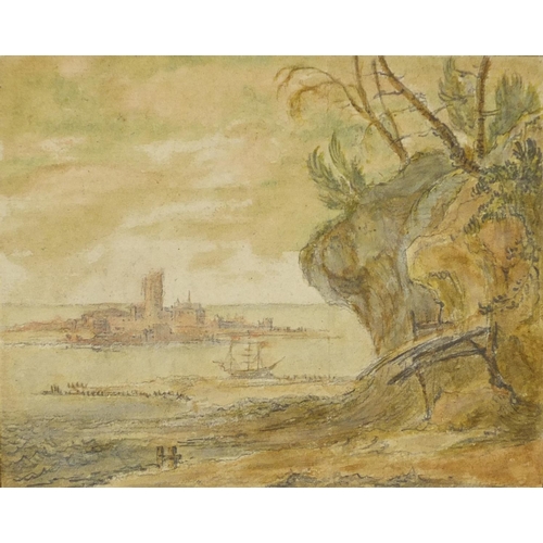 739 - Francis Place - Three master at anchor with island beyond, watercolour on card, label and inscribed ... 