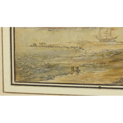 739 - Francis Place - Three master at anchor with island beyond, watercolour on card, label and inscribed ... 