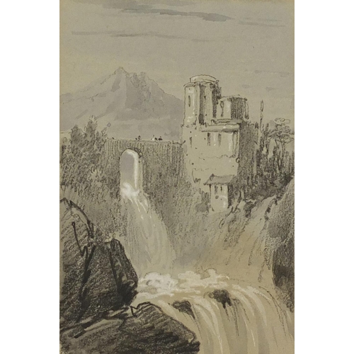 750 - Edward Lear - Castle by a waterfall with a mountain beyond, heightened watercolour and black chalk, ... 