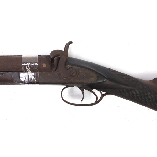 171 - 19th century percussion cap double barrel musket, the lock plate engraved Moore, 126cm in length