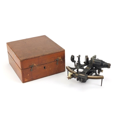 35 - Henry Hughes & Son sextant, housed in a mahogany case, numbered 49624, 23cm wide