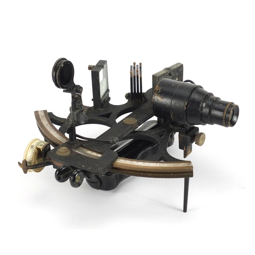 35 - Henry Hughes & Son sextant, housed in a mahogany case, numbered 49624, 23cm wide