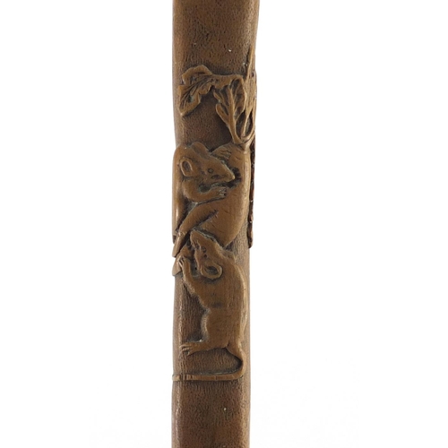 87 - Japanese hardwood walking stick carved with three mice, incised with character marks, 85.5cm in leng... 