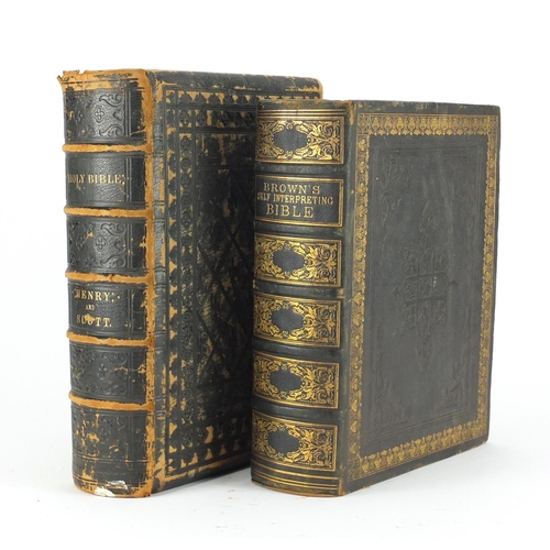 113 - Two antique leather bound bibles, comprising Brown's Self Interpreting Bible with coloured plates, p... 