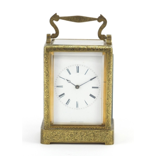 720 - 19th century French carriage clock striking on a bell, by Augste of Paris, with floral chased brass ... 