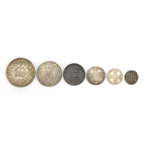 123 - Antique and later mostly British coinage including George V 1928 wreath crown, Queen Anne 1711 six p... 