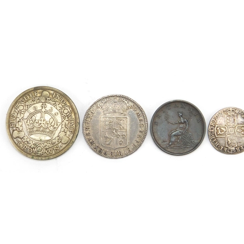 123 - Antique and later mostly British coinage including George V 1928 wreath crown, Queen Anne 1711 six p... 