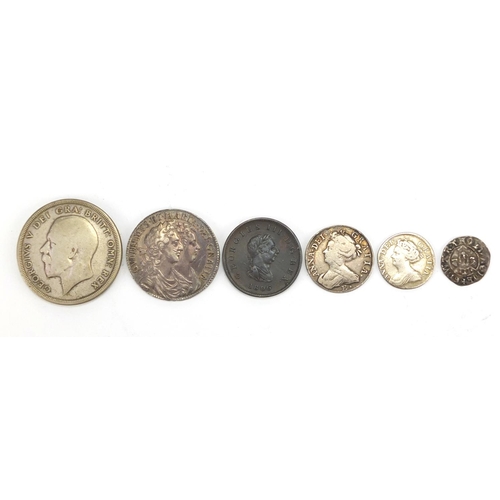 123 - Antique and later mostly British coinage including George V 1928 wreath crown, Queen Anne 1711 six p... 