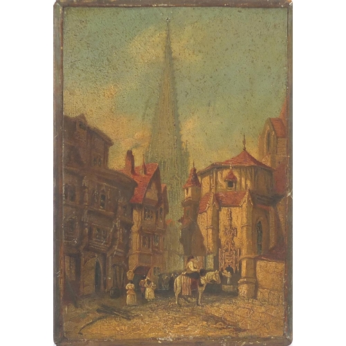 733 - Attributed to Richard Parks Bonnington - Paris street scene, oil on wood panel, wax seal, part paper... 