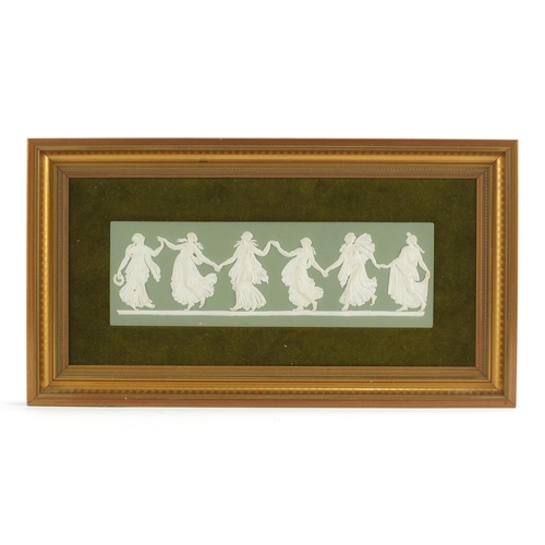 413 - Wedgwood green Jasper Ware dancing hours plaque, housed in a gilt frame, impressed marks to the reve... 