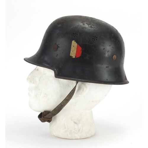 159 - German Military interest fire police double decal helmet, with leather liner