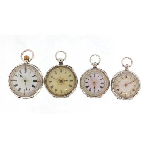 708 - Four ladies silver pocket watches with ornate dials, the largest 4cm in diameter
