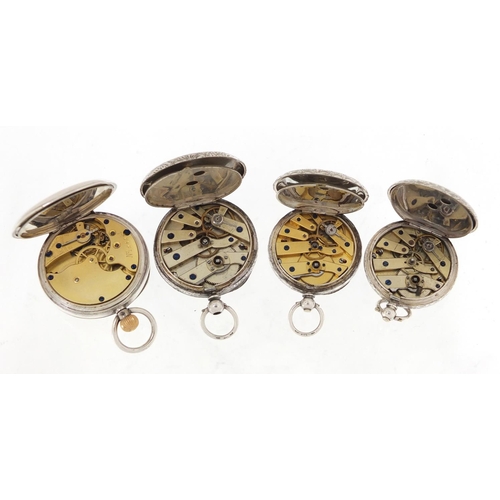 708 - Four ladies silver pocket watches with ornate dials, the largest 4cm in diameter