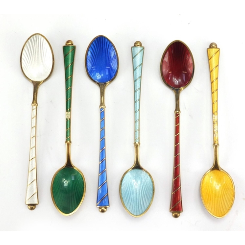 559 - Set of six Danish silver gilt and guilloche enamel teaspoons, by Ela, housed in a fitted box, each 9... 